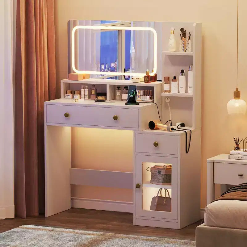 Coiffeuse moderne blanche avec miroir LED éclairé, station de charge 2 prises USB Type C, 2 tiroirs, 3 étagères et placard en acrylique pour chambre à coucher.