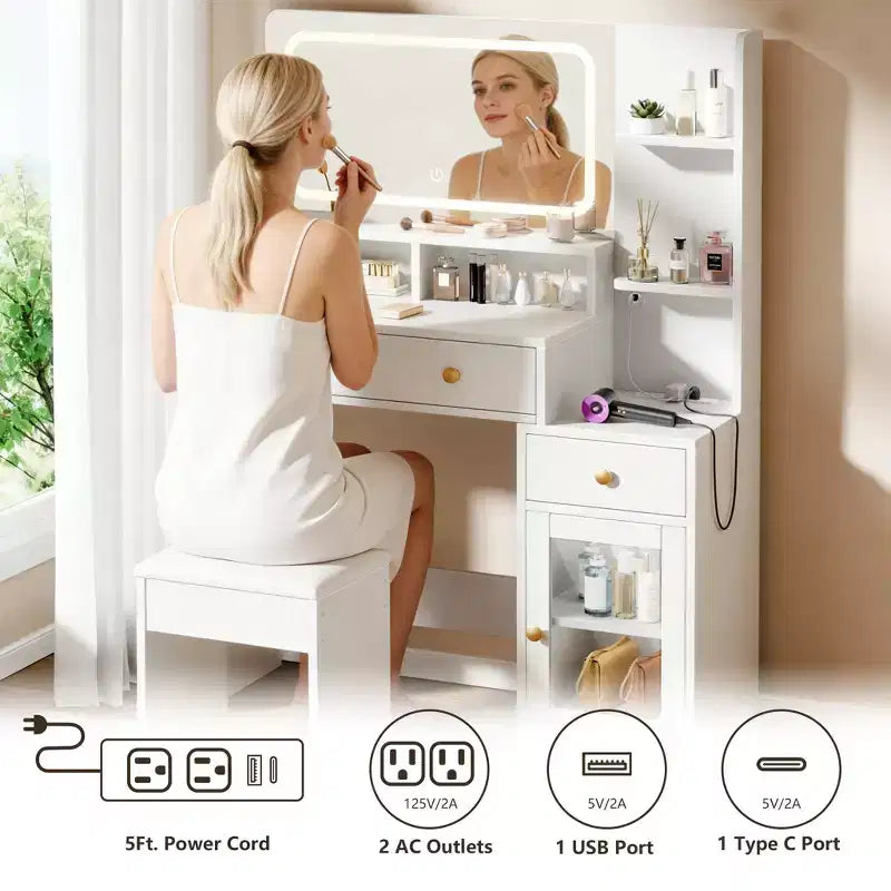 Coiffeuse moderne blanche avec miroir LED éclairé, station de charge 2 prises USB Type C, 2 tiroirs, 3 étagères et placard en acrylique pour chambre à coucher.