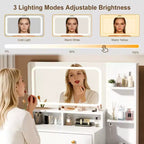 Coiffeuse moderne blanche avec miroir LED éclairé, station de charge 2 prises USB Type C, 2 tiroirs, 3 étagères et placard en acrylique pour chambre à coucher.