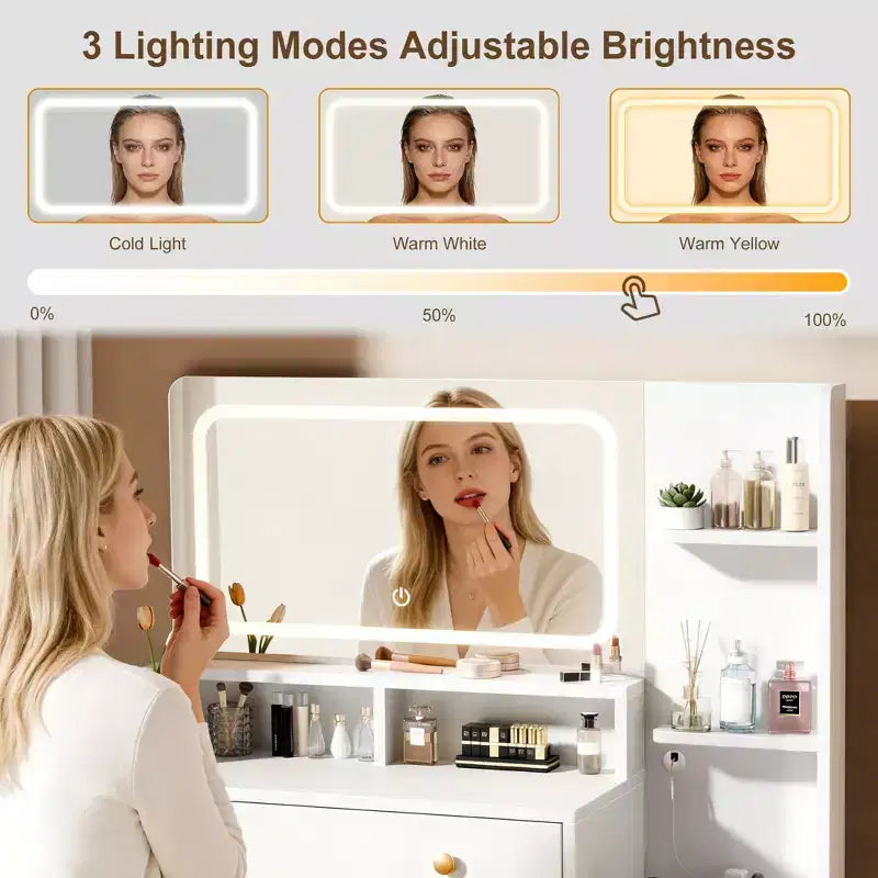 Coiffeuse moderne blanche avec miroir LED éclairé, station de charge 2 prises USB Type C, 2 tiroirs, 3 étagères et placard en acrylique pour chambre à coucher.