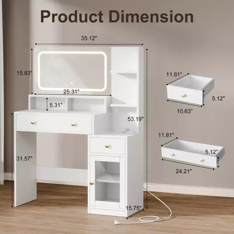 Coiffeuse moderne blanche avec miroir LED éclairé, station de charge 2 prises USB Type C, 2 tiroirs, 3 étagères et placard en acrylique pour chambre à coucher.