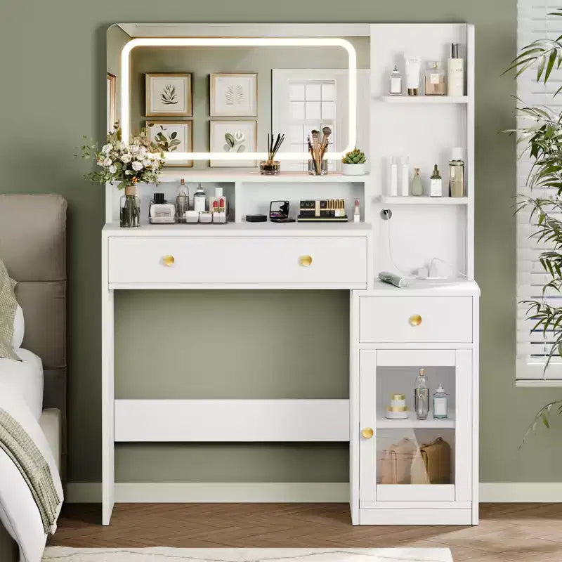 Coiffeuse moderne blanche avec miroir LED éclairé, station de charge 2 prises USB Type C, 2 tiroirs, 3 étagères et placard en acrylique pour chambre à coucher.