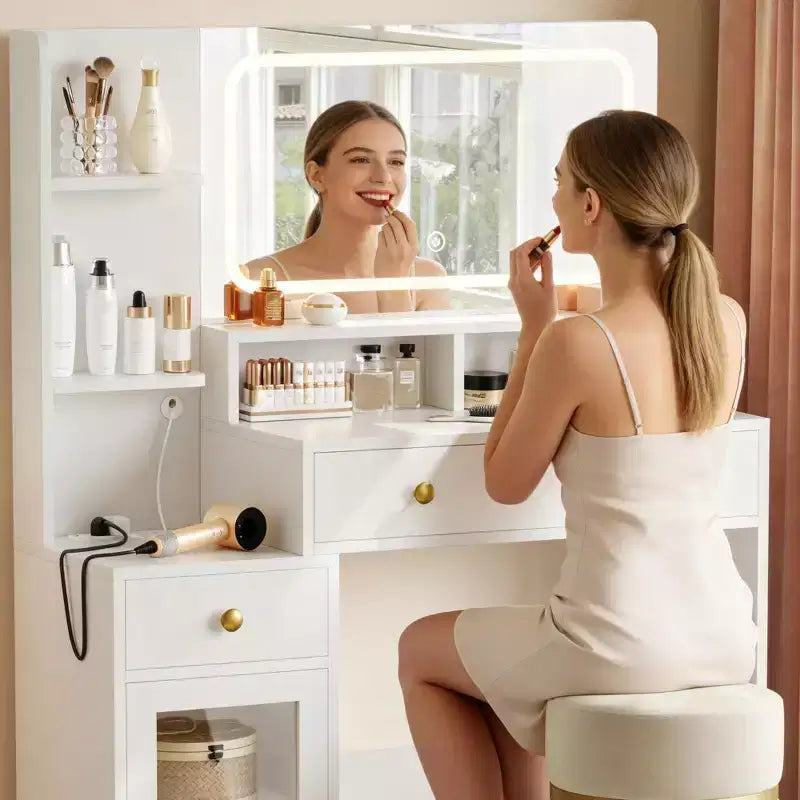 Coiffeuse moderne blanche avec miroir LED éclairé, station de charge 2 prises USB Type C, 2 tiroirs, 3 étagères et placard en acrylique pour chambre à coucher.