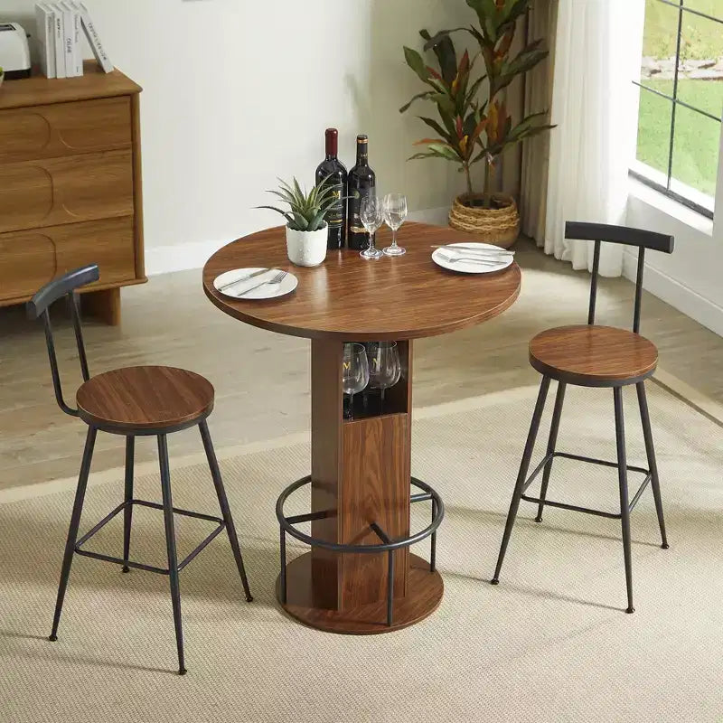 GDFStudio Yuna Ensemble moderne de 3 pièces table de bar ronde et tabourets en bois avec repose-pieds en métal