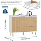 Commode Garvee à 6 tiroirs, 120 cm, en bois cannelé, double commode avec poignées en métal, design incurvé, meuble de rangement spacieux, chêne naturel et blanc