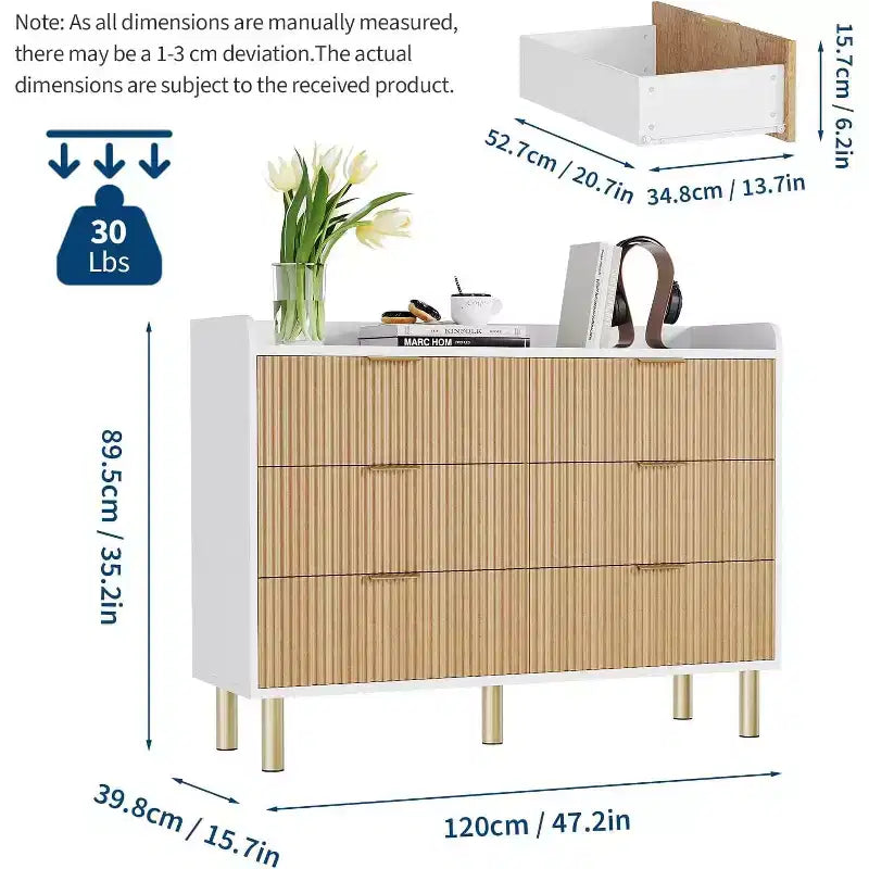 Commode Garvee à 6 tiroirs, 120 cm, en bois cannelé, double commode avec poignées en métal, design incurvé, meuble de rangement spacieux, chêne naturel et blanc