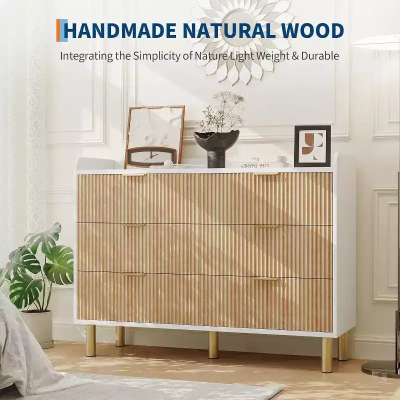 Commode Garvee à 6 tiroirs, 120 cm, en bois cannelé, double commode avec poignées en métal, design incurvé, meuble de rangement spacieux, chêne naturel et blanc