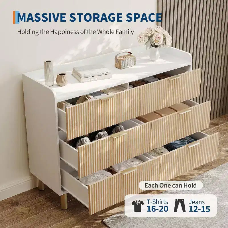 Commode Garvee à 6 tiroirs, 120 cm, en bois cannelé, double commode avec poignées en métal, design incurvé, meuble de rangement spacieux, chêne naturel et blanc