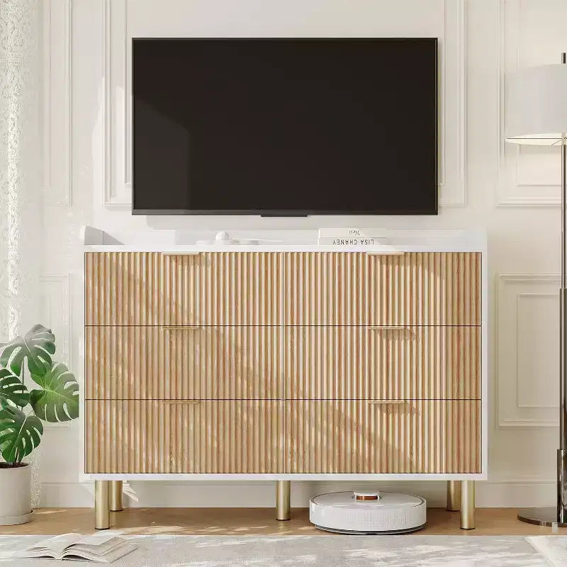 Commode Garvee à 6 tiroirs, 120 cm, en bois cannelé, double commode avec poignées en métal, design incurvé, meuble de rangement spacieux, chêne naturel et blanc