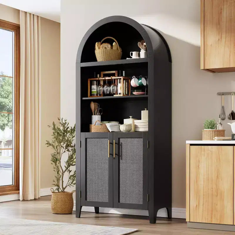 Bibliothèque arquée avec portes et panneaux en rotin, meuble de rangement à 5 niveaux avec étagère réglable pour salon ou bureau