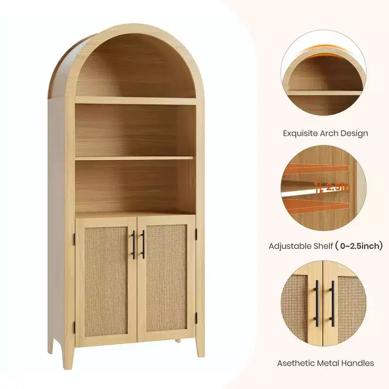 Bibliothèque arquée avec portes et panneaux en rotin, meuble de rangement à 5 niveaux avec étagère réglable pour salon ou bureau
