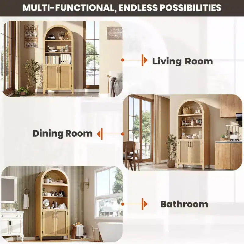 Bibliothèque arquée avec portes et panneaux en rotin, meuble de rangement à 5 niveaux avec étagère réglable pour salon ou bureau