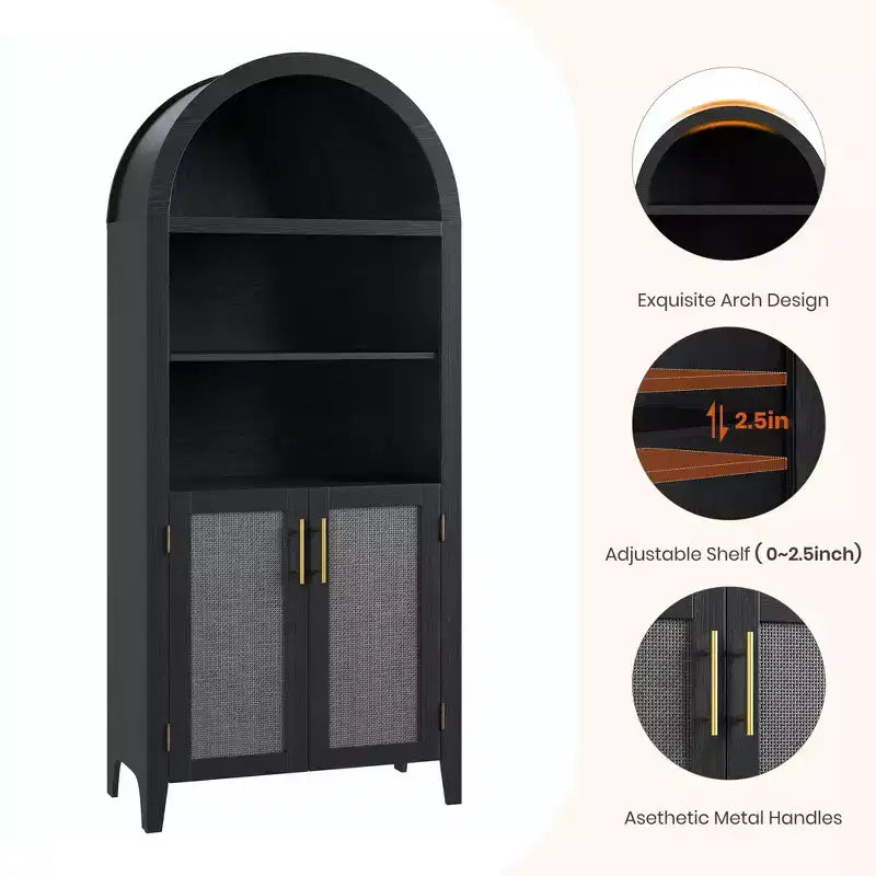 Bibliothèque arquée avec portes et panneaux en rotin, meuble de rangement à 5 niveaux avec étagère réglable pour salon ou bureau