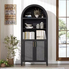 Arched Bookcase with Doors and Rattan Panels, 5 Tier Storage Cabinet with Adjustable Shelf for Living Room or Office