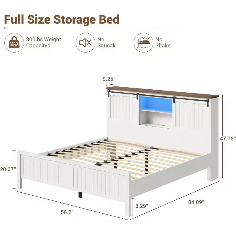 Lit double avec bibliothèque de rangement et tête de lit, lumières LED, station de charge, 2 portes coulissantes de grange, pas besoin de sommier, blanc et noyer