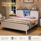 Lit double avec bibliothèque de rangement et tête de lit, lumières LED, station de charge, 2 portes coulissantes de grange, pas besoin de sommier, blanc et noyer