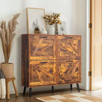 Karl Home Barn Door 4 Flip Black Handles Melamine Particleboard Black Legs Shoe Cabinet 41.7In Weathered Wood