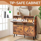 Karl Home Meuble à Chaussures à 4 Portes à abattant avec Poignées Noires, en Panneaux de Particules Mélaminés, Pieds Noirs, 105,9 cm, Bois Vieilli