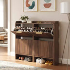 Karl Home 42.9 Inch Slatted Style 4 Flip Door Shoe Cabinet with Tabletop Baffle