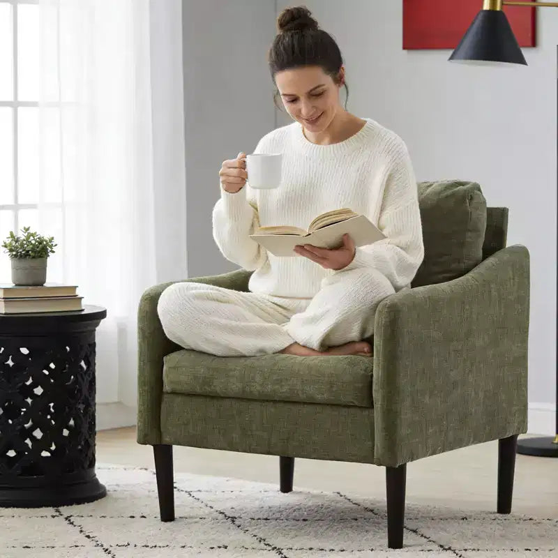Fauteuil d'appoint en chenille de style Mid-Century Modern avec accoudoirs incurvés, fauteuil simple rembourré pour salon, chambre ou bureau