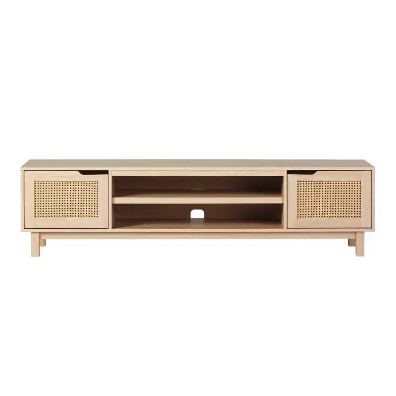 Meuble TV de rangement moderne Boho avec portes en rotin pour TV jusqu'à 80 pouces, chêne côtier