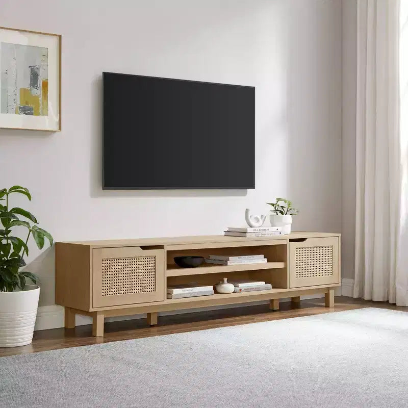 Meuble TV de rangement moderne Boho avec portes en rotin pour TV jusqu'à 80 pouces, chêne côtier