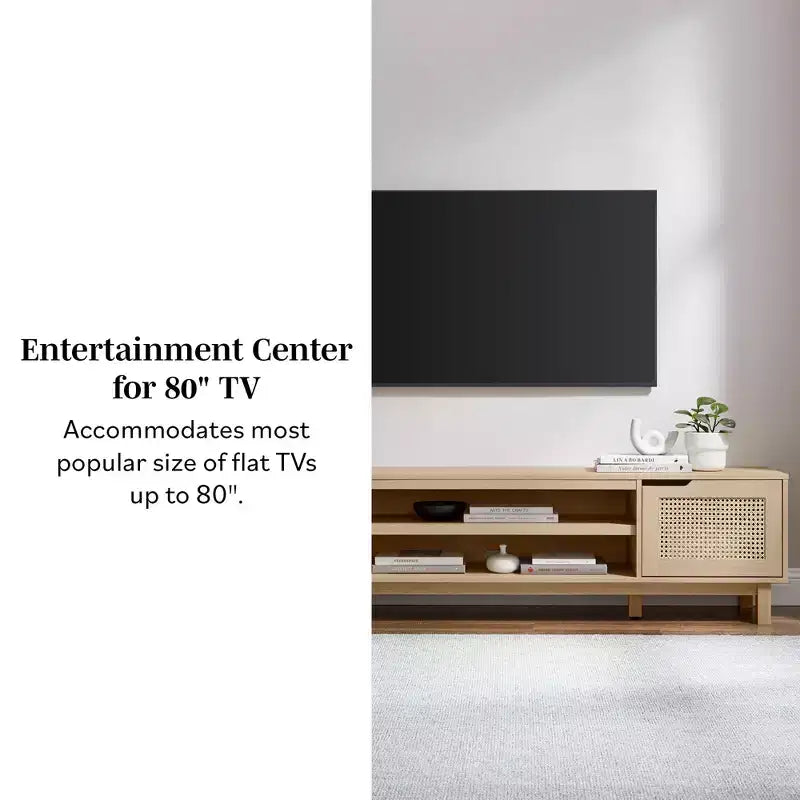 Meuble TV de rangement moderne Boho avec portes en rotin pour TV jusqu'à 80 pouces, chêne côtier