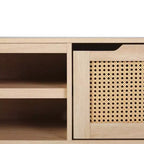 Meuble TV de rangement moderne Boho avec portes en rotin pour TV jusqu'à 80 pouces, chêne côtier
