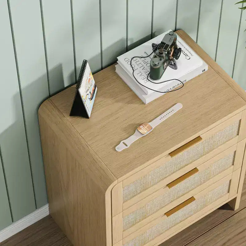 Table de chevet à 3 tiroirs en rotin bohème pour chambre et salon