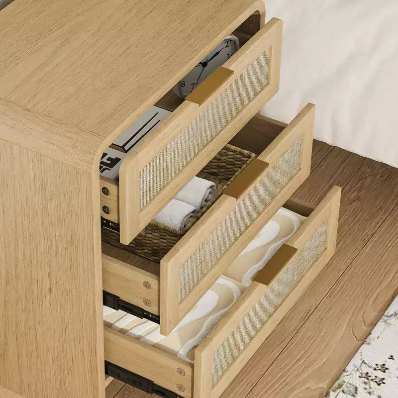 Table de chevet à 3 tiroirs en rotin bohème pour chambre et salon