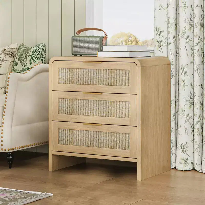 Table de chevet à 3 tiroirs en rotin bohème pour chambre et salon