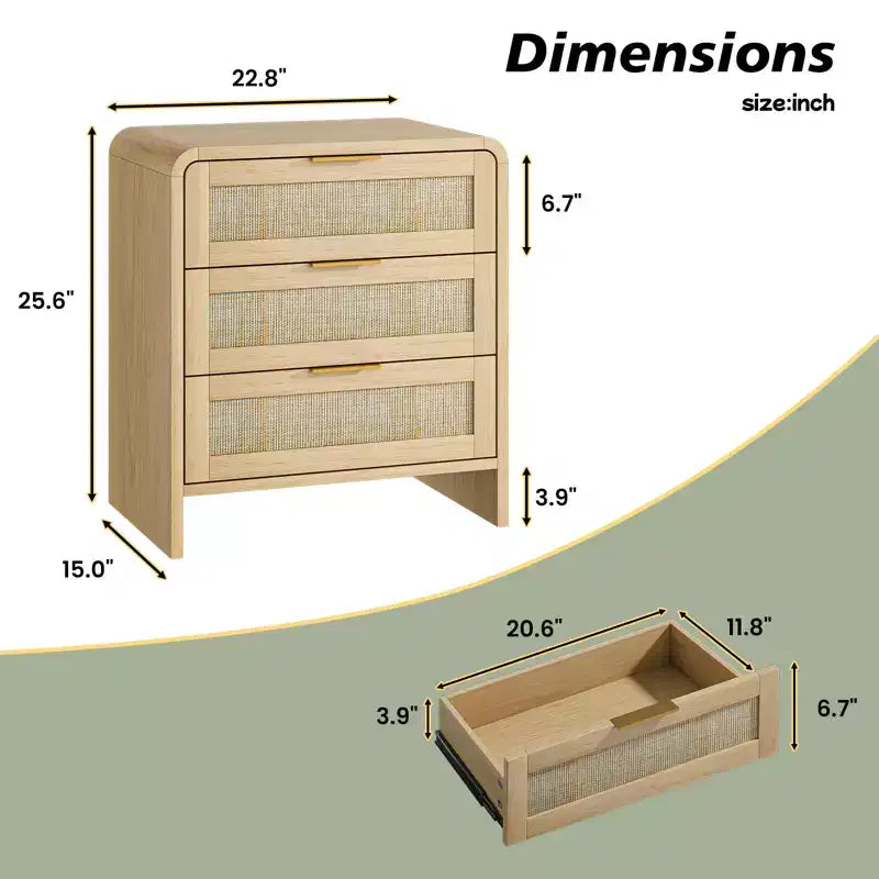 Table de chevet à 3 tiroirs en rotin bohème pour chambre et salon