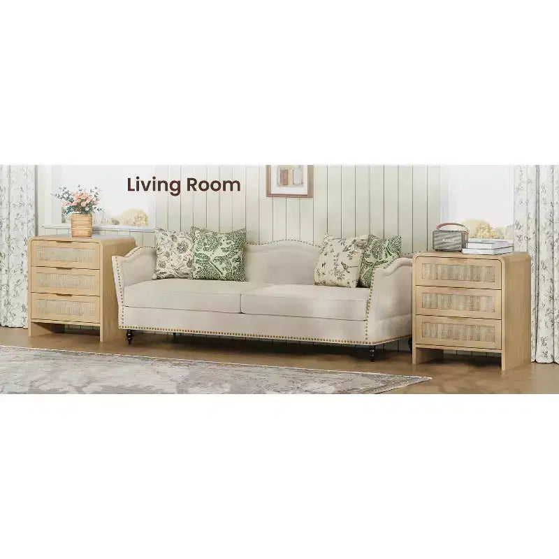 Table de chevet à 3 tiroirs en rotin bohème pour chambre et salon