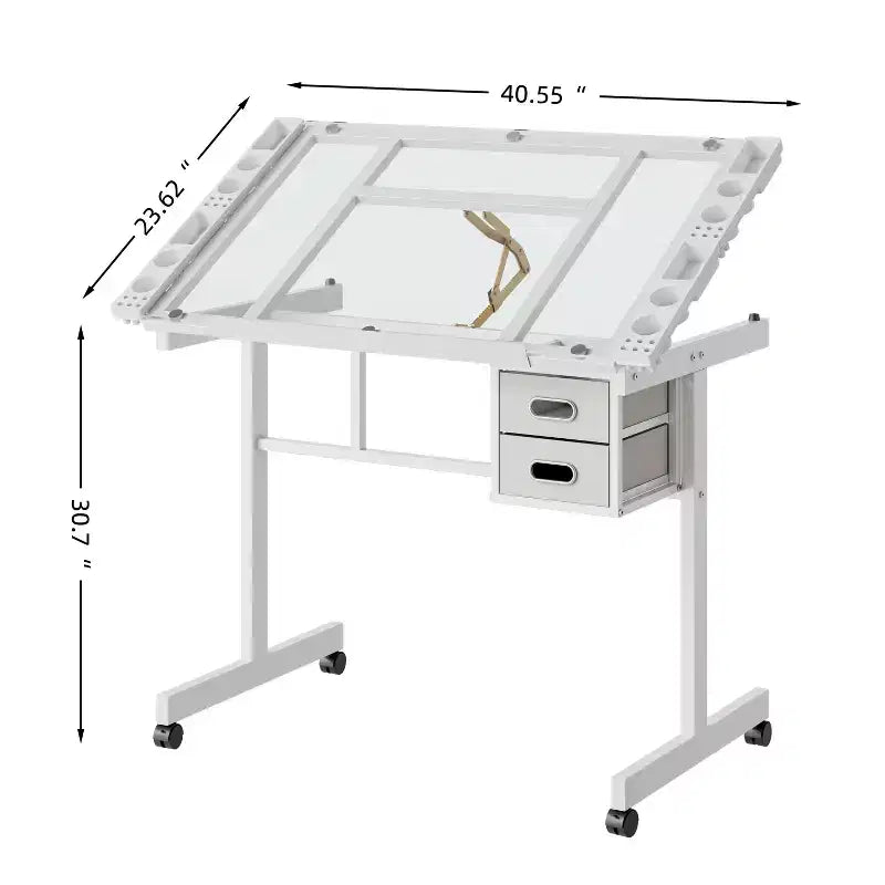GDFStudio Magdalena – Table à dessin moderne en métal réglable avec plateau en verre trempé, 2 tiroirs en tissu et 4 roulettes