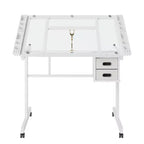 GDFStudio Magdalena – Table à dessin moderne en métal réglable avec plateau en verre trempé, 2 tiroirs en tissu et 4 roulettes