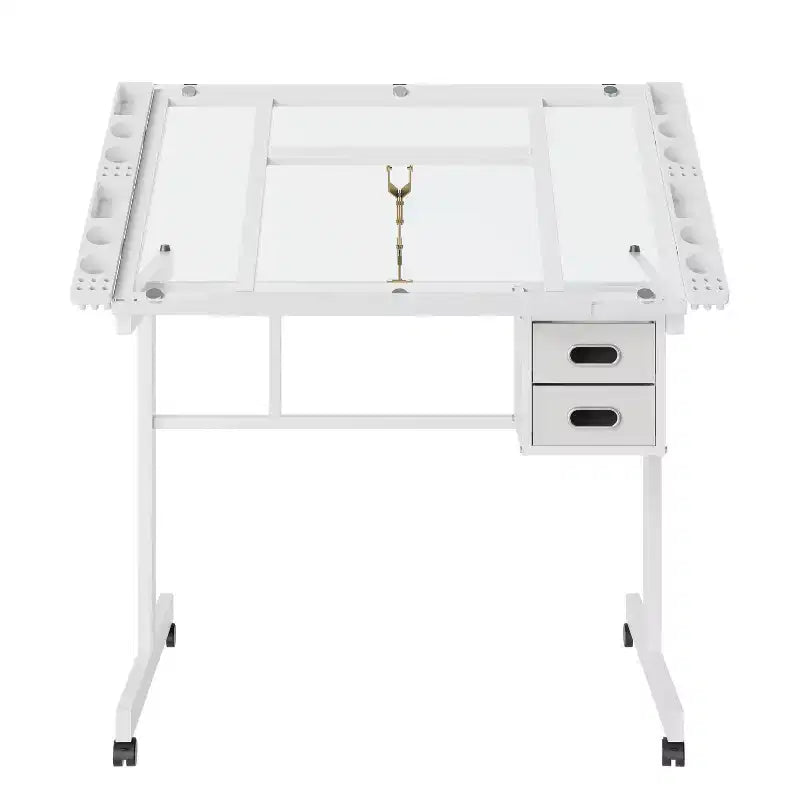 GDFStudio Magdalena – Table à dessin moderne en métal réglable avec plateau en verre trempé, 2 tiroirs en tissu et 4 roulettes
