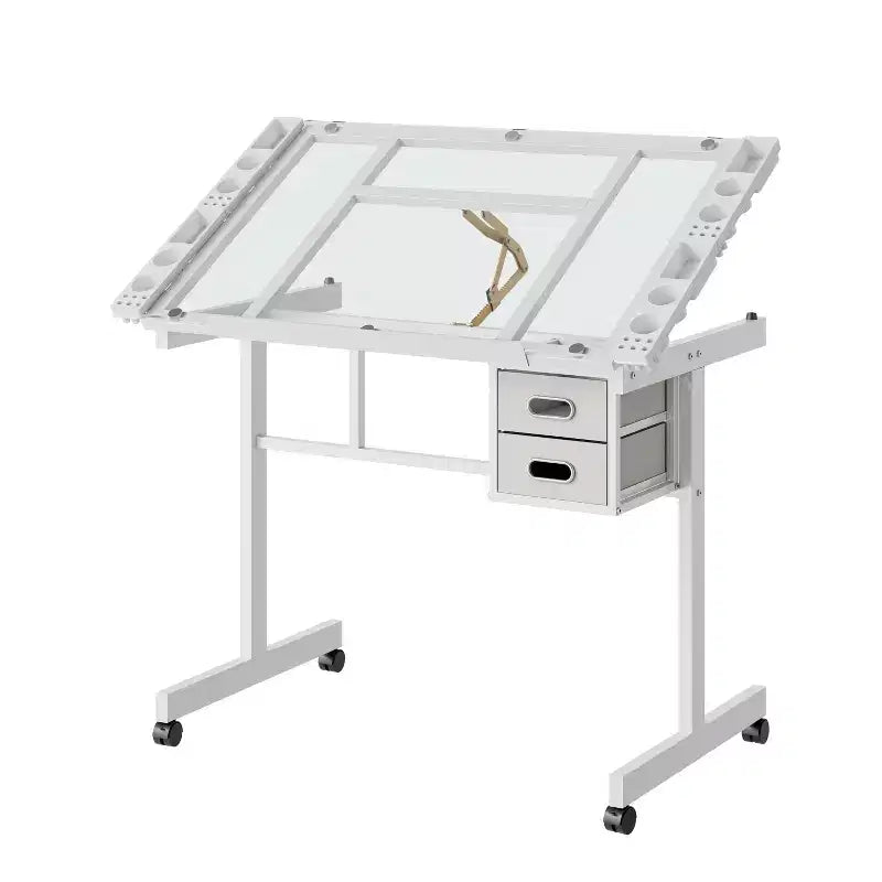 GDFStudio Magdalena – Table à dessin moderne en métal réglable avec plateau en verre trempé, 2 tiroirs en tissu et 4 roulettes