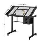 GDFStudio Magdalena – Table à dessin moderne en métal réglable avec plateau en verre trempé, 2 tiroirs en tissu et 4 roulettes