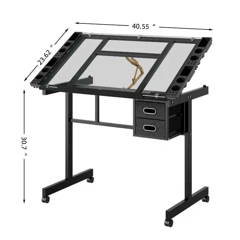 GDFStudio Magdalena – Table à dessin moderne en métal réglable avec plateau en verre trempé, 2 tiroirs en tissu et 4 roulettes