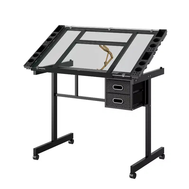 GDFStudio Magdalena – Table à dessin moderne en métal réglable avec plateau en verre trempé, 2 tiroirs en tissu et 4 roulettes