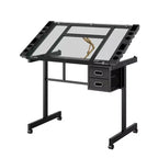 GDFStudio Magdalena – Table à dessin moderne en métal réglable avec plateau en verre trempé, 2 tiroirs en tissu et 4 roulettes