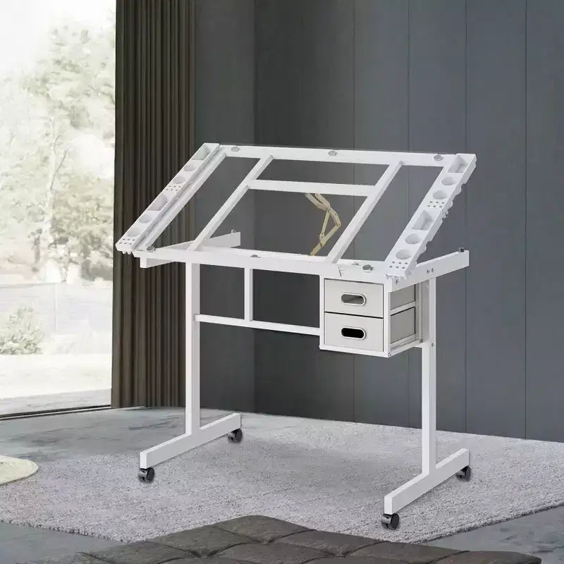 GDFStudio Magdalena – Table à dessin moderne en métal réglable avec plateau en verre trempé, 2 tiroirs en tissu et 4 roulettes