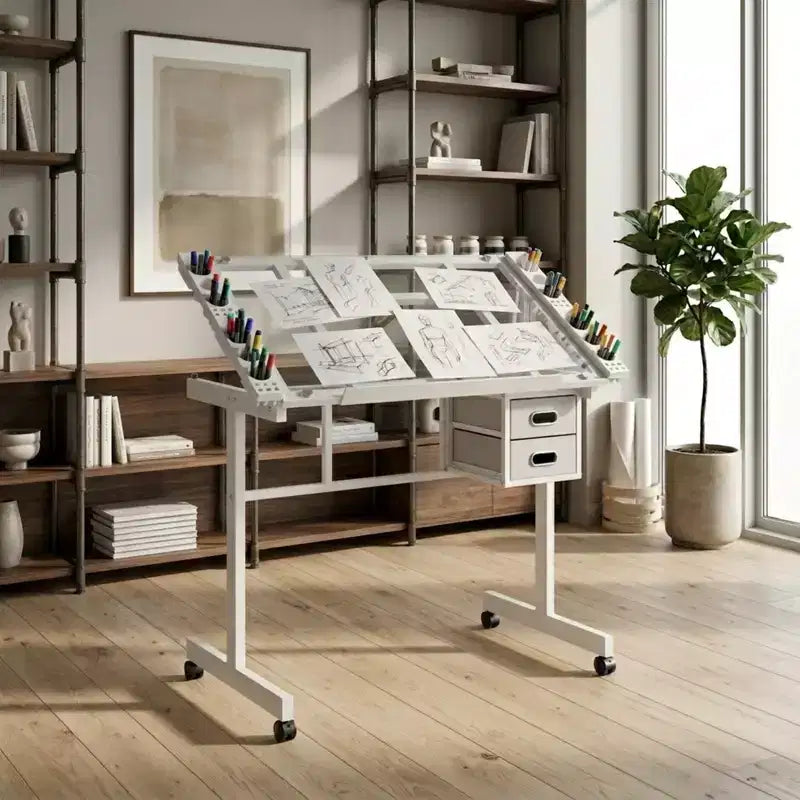 GDFStudio Magdalena – Table à dessin moderne en métal réglable avec plateau en verre trempé, 2 tiroirs en tissu et 4 roulettes