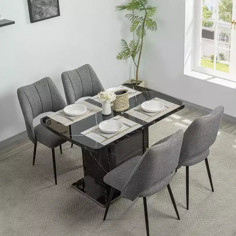 47.24-63Table à manger rectangulaire moderne, extensible, avec plateau en marbre blanc imprimé + pied de table avec rangement et base en métal