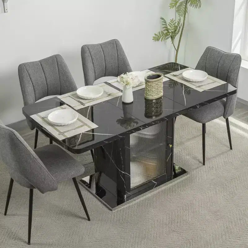 47.24-63Table à manger rectangulaire moderne, extensible, avec plateau en marbre blanc imprimé + pied de table avec rangement et base en métal