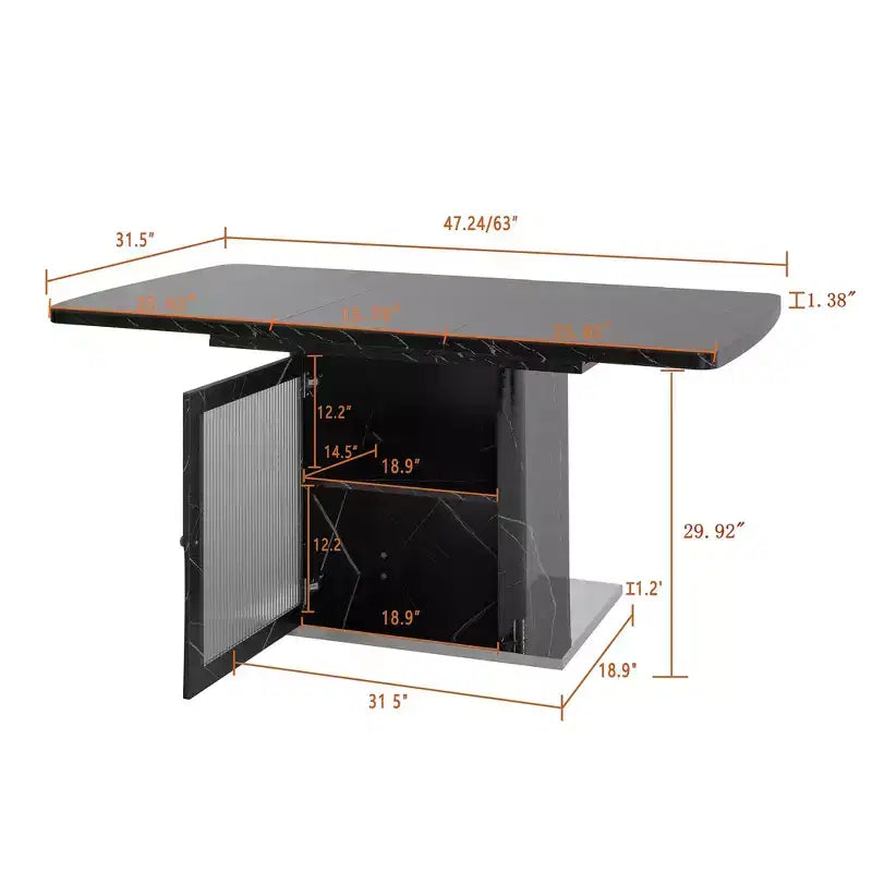 47.24-63Table à manger rectangulaire moderne, extensible, avec plateau en marbre blanc imprimé + pied de table avec rangement et base en métal