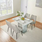47.24-63Table à manger rectangulaire moderne, extensible, avec plateau en marbre blanc imprimé + pied de table avec rangement et base en métal