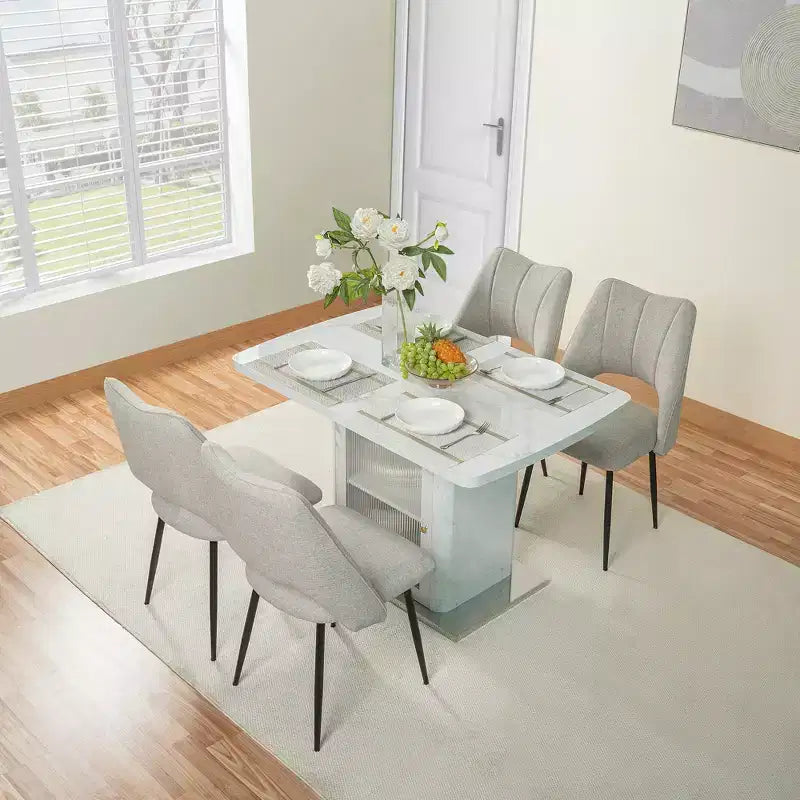 47.24-63Table à manger rectangulaire moderne, extensible, avec plateau en marbre blanc imprimé + pied de table avec rangement et base en métal