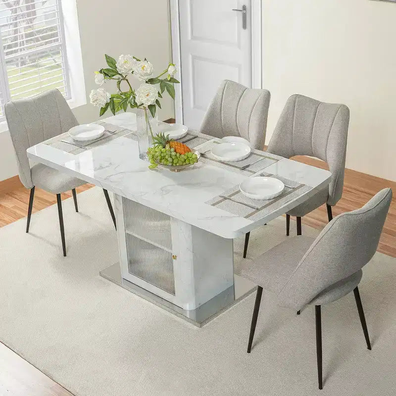 47.24-63Table à manger rectangulaire moderne, extensible, avec plateau en marbre blanc imprimé + pied de table avec rangement et base en métal