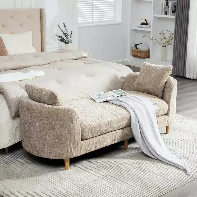 Banc rembourré, bout de lit rembourré en chenille, chaise longue, banc d'entrée minimaliste, repose-pieds avec coussin moelleux et oreiller - ModernLuxe